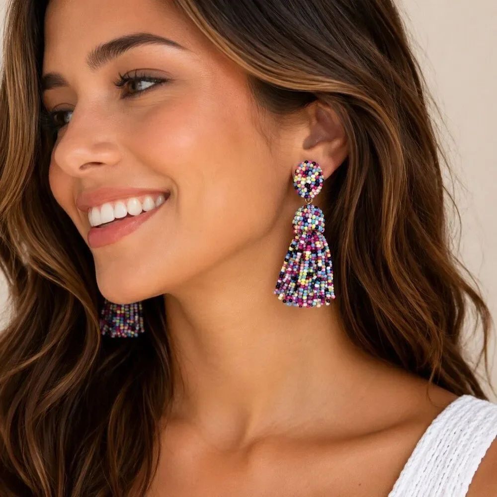 Sugarfix by BaubleBar Rainbow Beaded Tassel Statement Earrings NWT